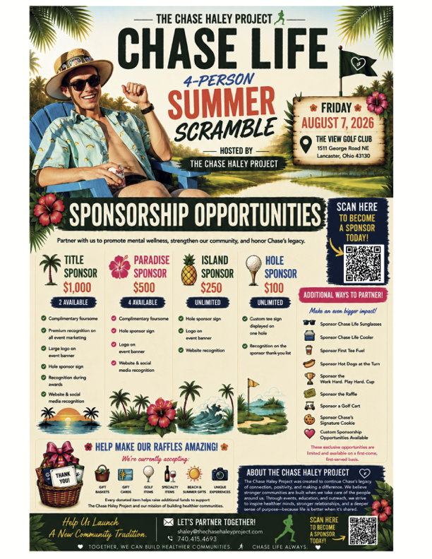 Chase Life Summer Scramble Sponsorship Opportunities 2026 The Chase Life Summer Scramble sponsorship opportunities — Title, Paradise, Island and Hole sponsor levels from $100 to $1,000, plus specialty sponsorships. Become a sponsor of The Chase Haley Project.